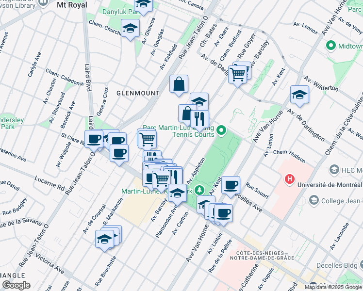 map of restaurants, bars, coffee shops, grocery stores, and more near 3280 Rue Goyer in Montreal