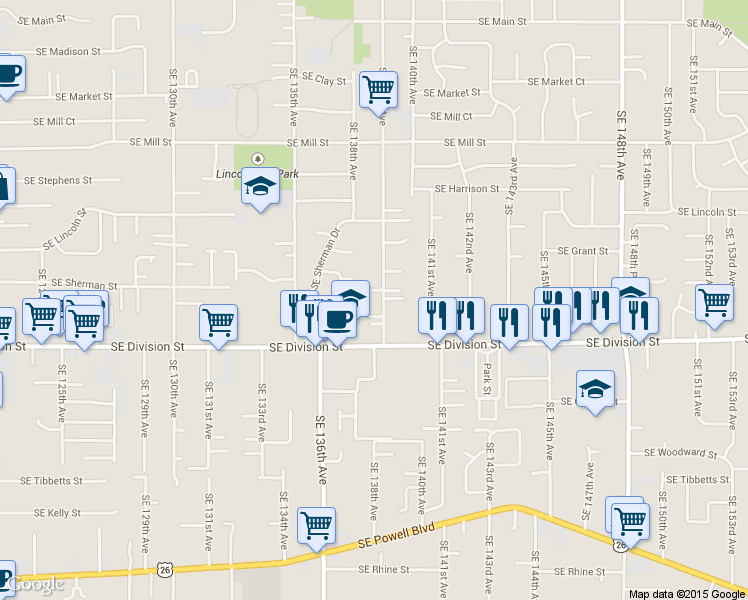 map of restaurants, bars, coffee shops, grocery stores, and more near 2337 Southeast 139th Avenue in Portland