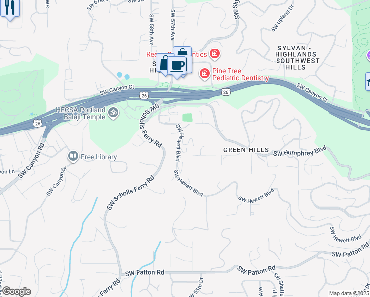 map of restaurants, bars, coffee shops, grocery stores, and more near 5553 Southwest Hewett Boulevard in Portland