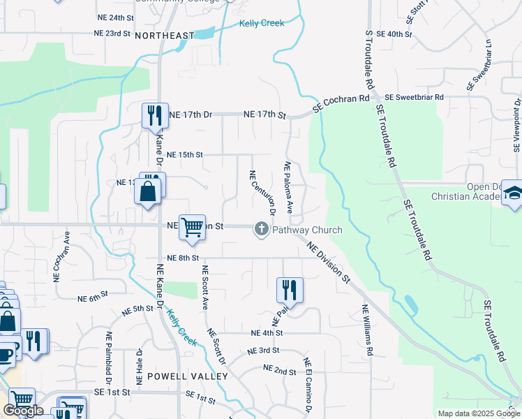 map of restaurants, bars, coffee shops, grocery stores, and more near 1162 Northeast Centurion Place in Gresham