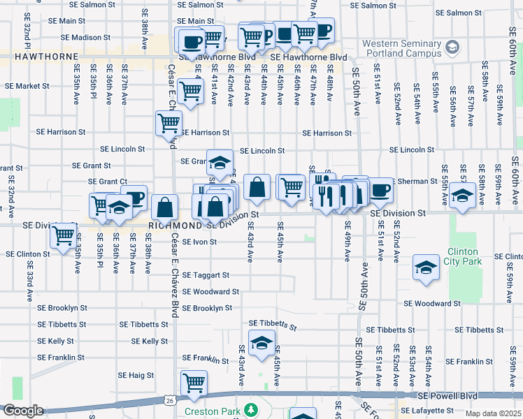 map of restaurants, bars, coffee shops, grocery stores, and more near 4315 Southeast Division Street in Portland