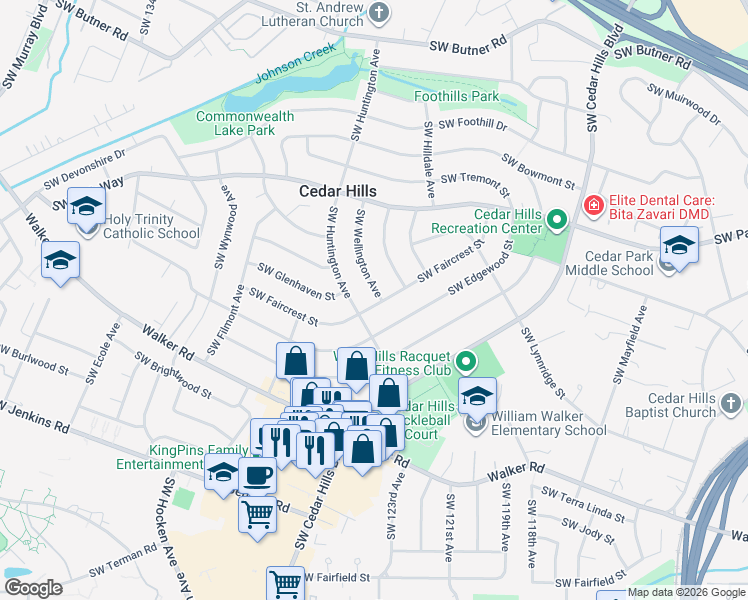 map of restaurants, bars, coffee shops, grocery stores, and more near 12405 Southwest Faircrest Street in Portland
