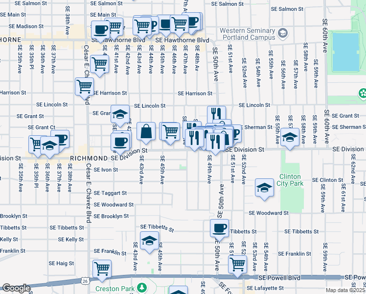 map of restaurants, bars, coffee shops, grocery stores, and more near 4635 Southeast Division Street in Portland