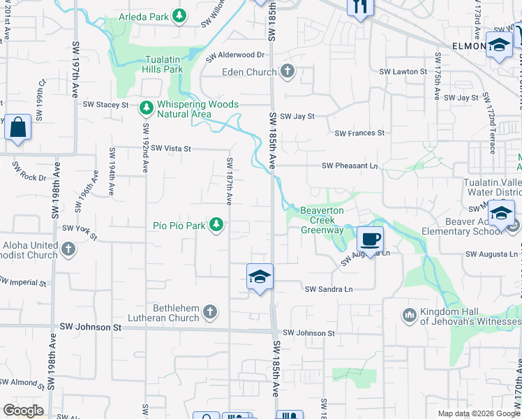 map of restaurants, bars, coffee shops, grocery stores, and more near 18554 Southwest Bluebird Lane in Beaverton