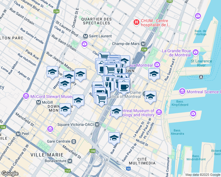 map of restaurants, bars, coffee shops, grocery stores, and more near 1025 Rue Chenneville in Montréal