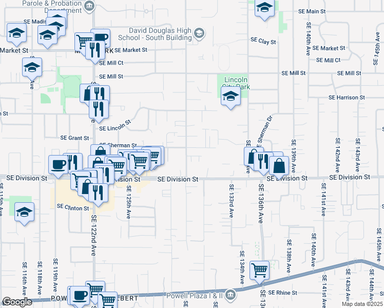 map of restaurants, bars, coffee shops, grocery stores, and more near 13047 Southeast Tessa Street in Portland