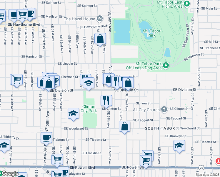 map of restaurants, bars, coffee shops, grocery stores, and more near 5909 Southeast Division Street in Portland