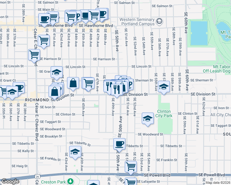 map of restaurants, bars, coffee shops, grocery stores, and more near 2424 Southeast 49th Avenue in Portland
