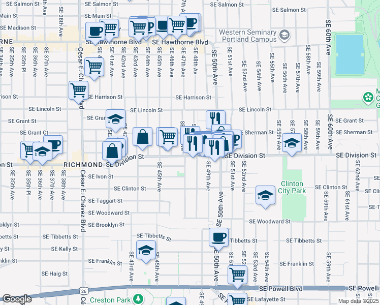 map of restaurants, bars, coffee shops, grocery stores, and more near 4846 Southeast Division Street in Portland