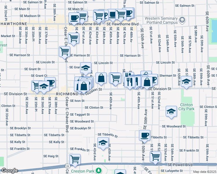 map of restaurants, bars, coffee shops, grocery stores, and more near in Portland