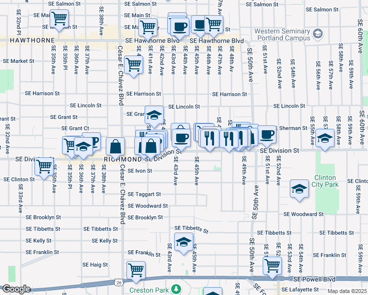 map of restaurants, bars, coffee shops, grocery stores, and more near 4315 Southeast Division Street in Portland