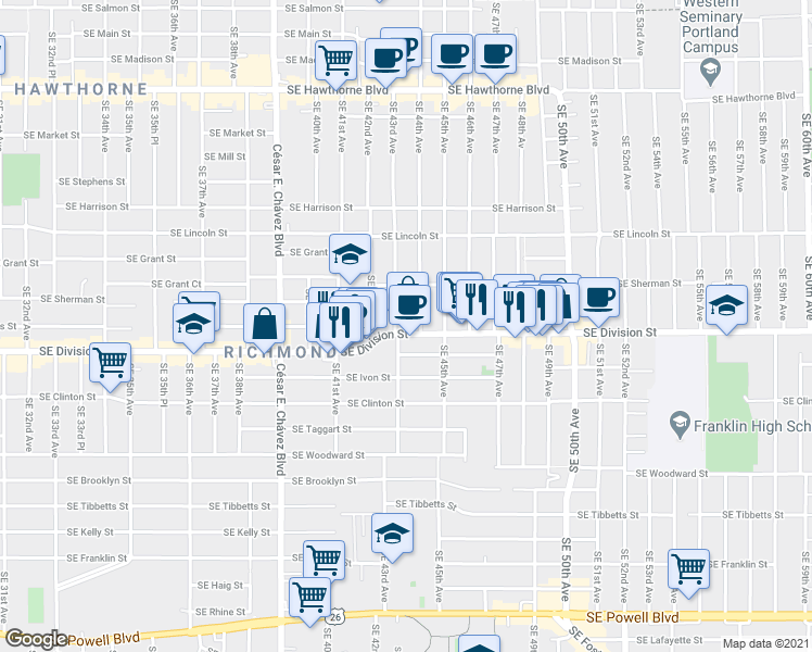map of restaurants, bars, coffee shops, grocery stores, and more near 4315 Southeast Division Street in Portland