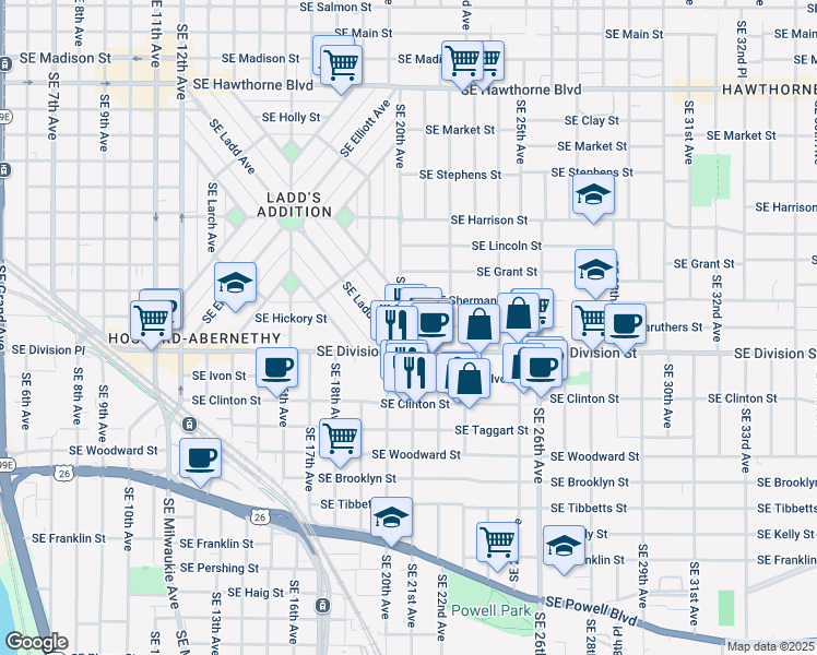 map of restaurants, bars, coffee shops, grocery stores, and more near 2025 Southeast Caruthers Street in Portland