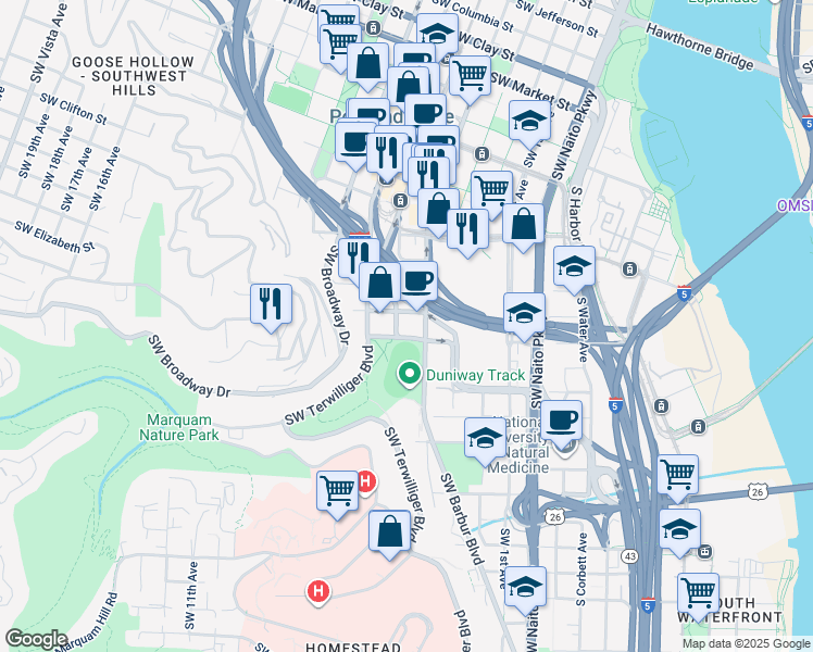 map of restaurants, bars, coffee shops, grocery stores, and more near 2415 Southwest 5th Avenue in Portland