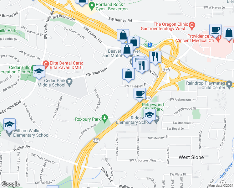 map of restaurants, bars, coffee shops, grocery stores, and more near 1970 Southwest Roxbury Avenue in Portland