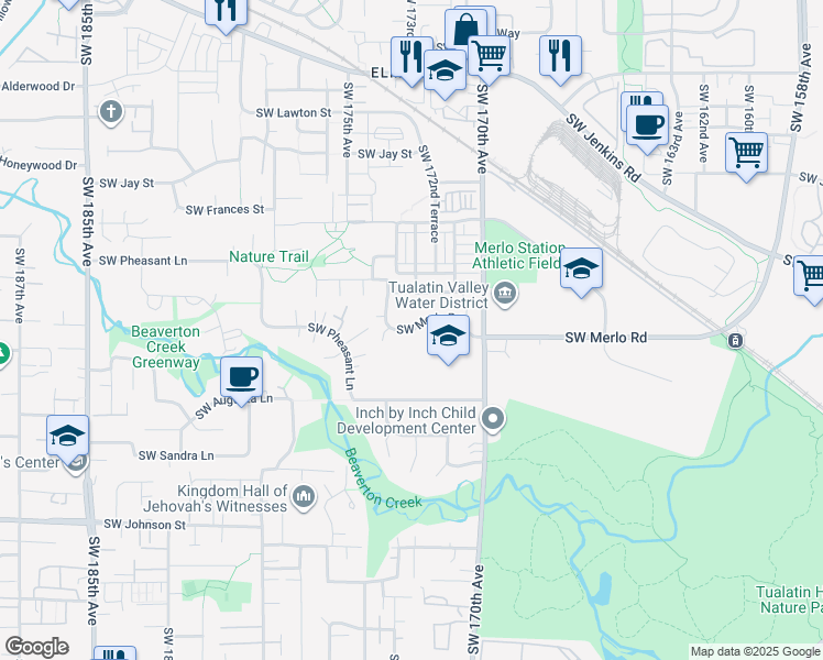 map of restaurants, bars, coffee shops, grocery stores, and more near 17270 Southwest Merlo Road in Beaverton