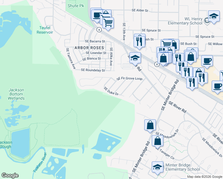 map of restaurants, bars, coffee shops, grocery stores, and more near 1377 Southeast Duke Drive in Hillsboro