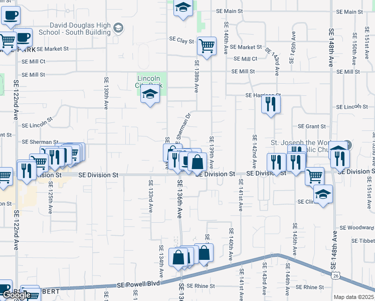 map of restaurants, bars, coffee shops, grocery stores, and more near 2337 Southeast 137th Avenue in Portland
