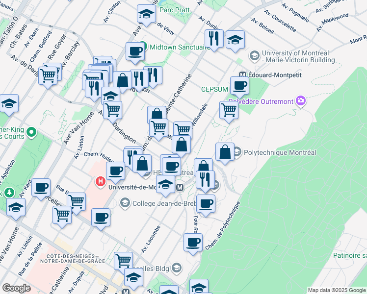 map of restaurants, bars, coffee shops, grocery stores, and more near 5540 Avenue Woodbury in Montréal