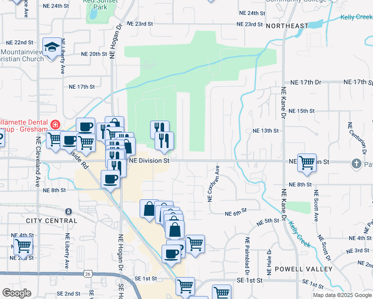 map of restaurants, bars, coffee shops, grocery stores, and more near 1145 Northeast Country Club Avenue in Gresham