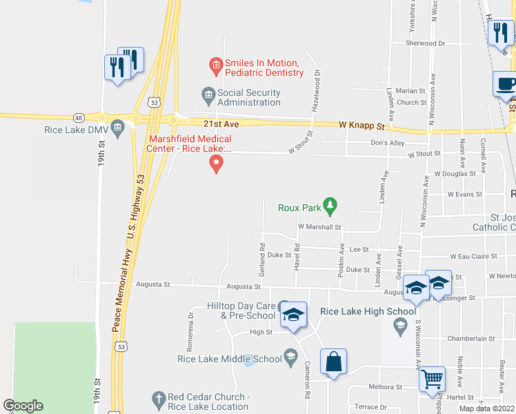 map of restaurants, bars, coffee shops, grocery stores, and more near 340 Gerland Road in Rice Lake