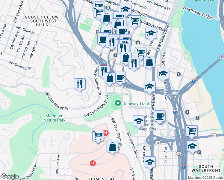 map of restaurants, bars, coffee shops, grocery stores, and more near 2415 Southwest 5th Avenue in Portland