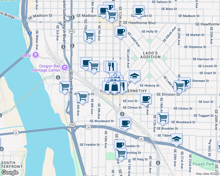 map of restaurants, bars, coffee shops, grocery stores, and more near 1101 Southeast Division Street in Portland