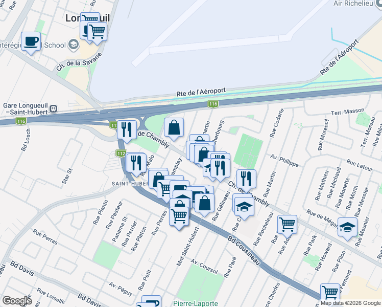 map of restaurants, bars, coffee shops, grocery stores, and more near 5220 Chemin de Chambly in Longueuil
