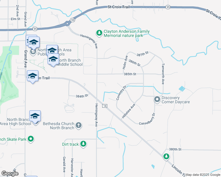 map of restaurants, bars, coffee shops, grocery stores, and more near 7366 384th Court in North Branch