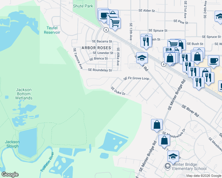 map of restaurants, bars, coffee shops, grocery stores, and more near 1365 Southeast Duke Drive in Hillsboro