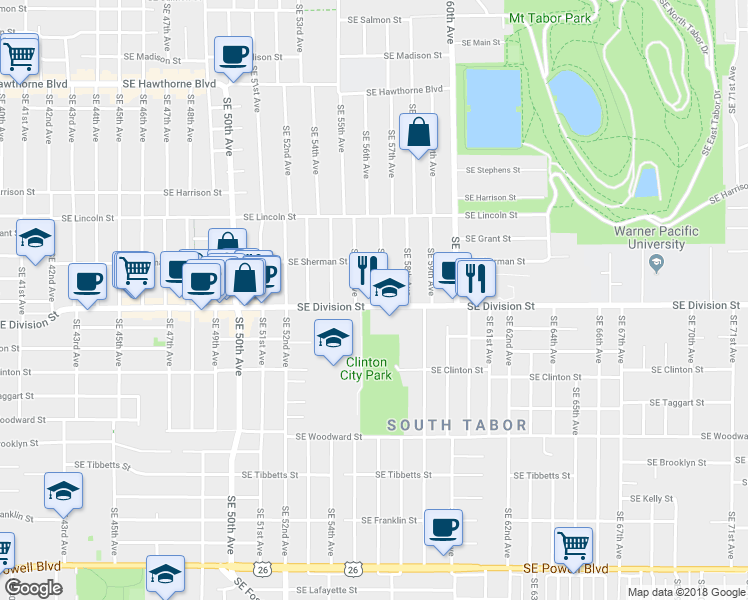 map of restaurants, bars, coffee shops, grocery stores, and more near 5633 Southeast Division Street in Portland