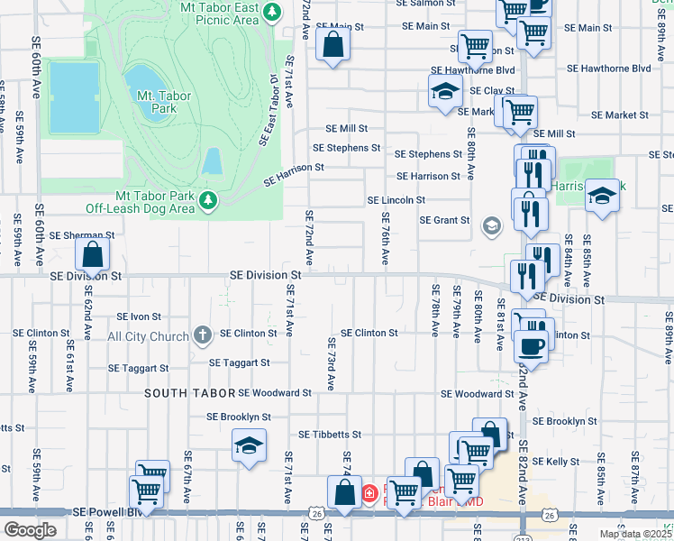 map of restaurants, bars, coffee shops, grocery stores, and more near 7307 Southeast Division Street in Portland