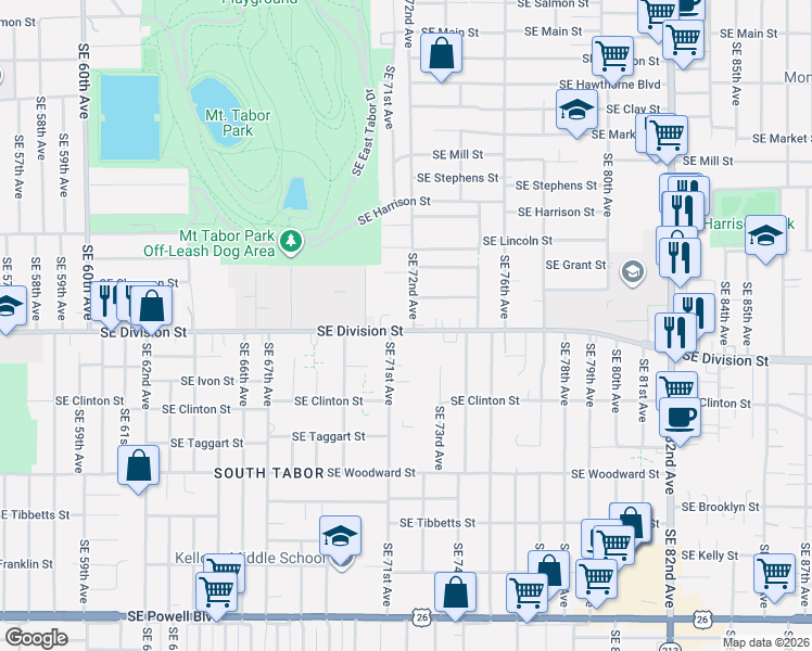 map of restaurants, bars, coffee shops, grocery stores, and more near 2347 Southeast 72nd Avenue in Portland