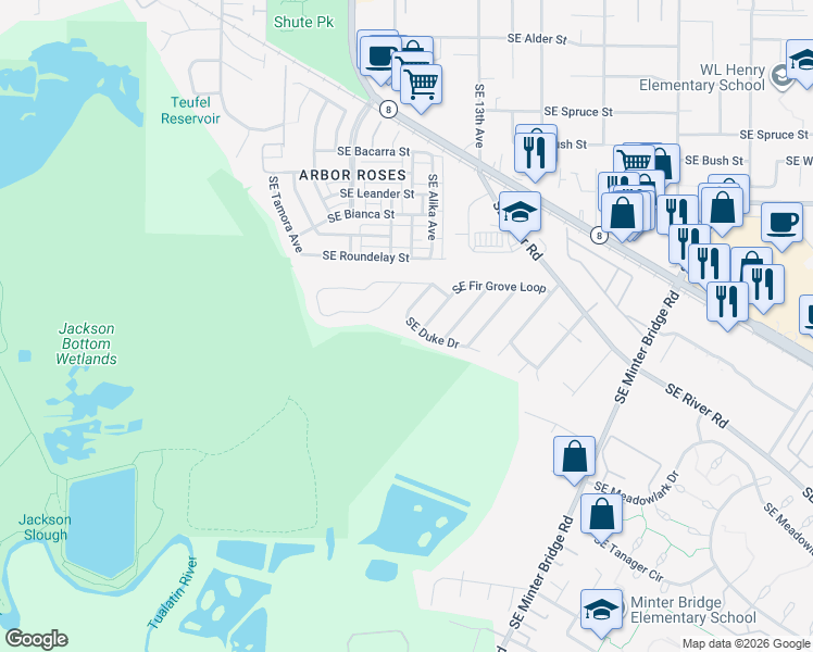 map of restaurants, bars, coffee shops, grocery stores, and more near 1377 Southeast Duke Drive in Hillsboro
