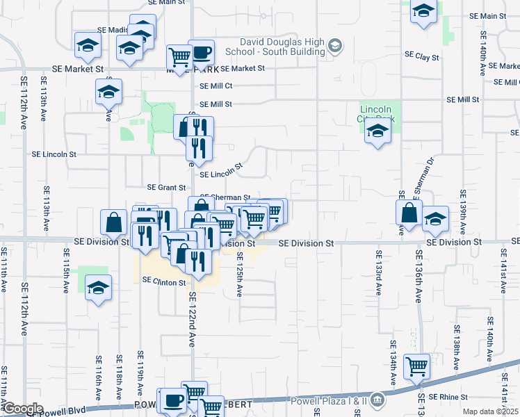 map of restaurants, bars, coffee shops, grocery stores, and more near 12564 Southeast Sherman Street in Portland