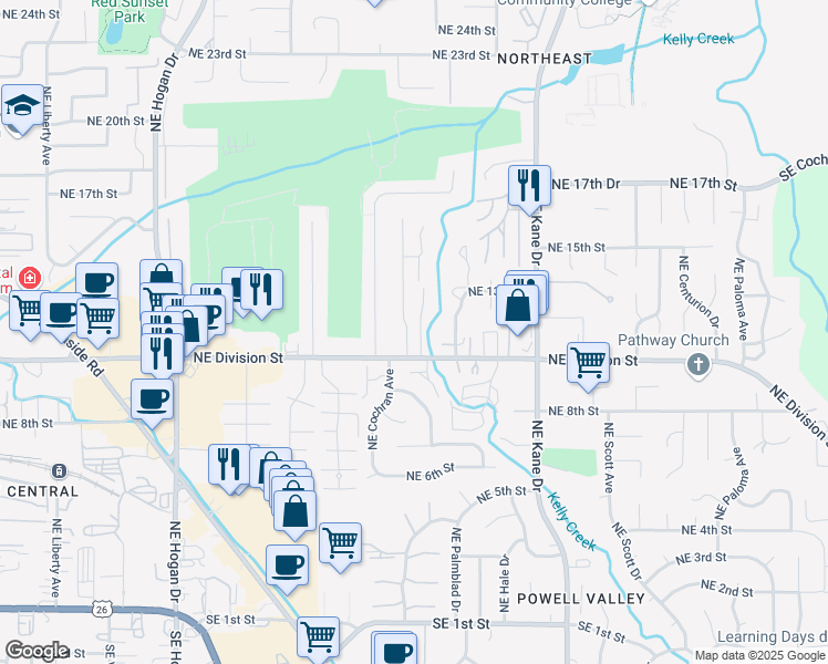 map of restaurants, bars, coffee shops, grocery stores, and more near 1124 Northeast Village Squire Court in Gresham
