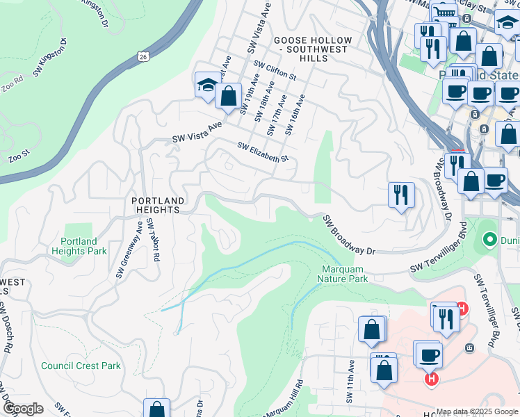 map of restaurants, bars, coffee shops, grocery stores, and more near 2622 Southwest Davenport Court in Portland