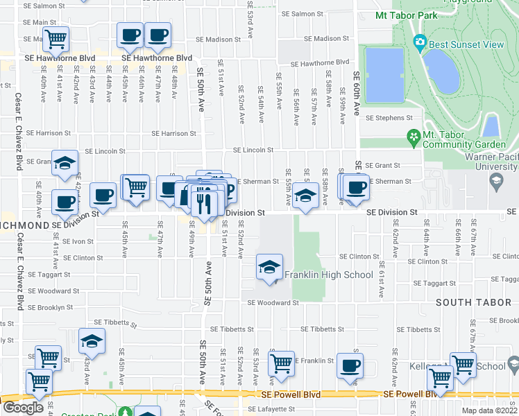 map of restaurants, bars, coffee shops, grocery stores, and more near 2370 Southeast 53rd Avenue in Portland