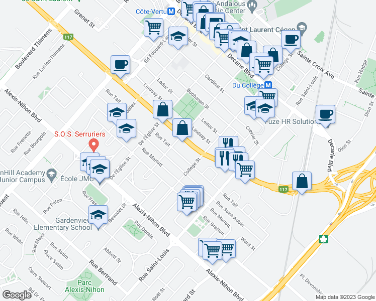 map of restaurants, bars, coffee shops, grocery stores, and more near 650 Boulevard Marcel-Laurin in Montréal