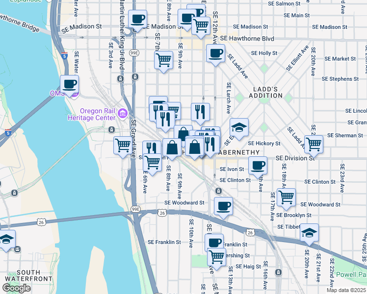 map of restaurants, bars, coffee shops, grocery stores, and more near 920 Southeast Caruthers Street in Portland