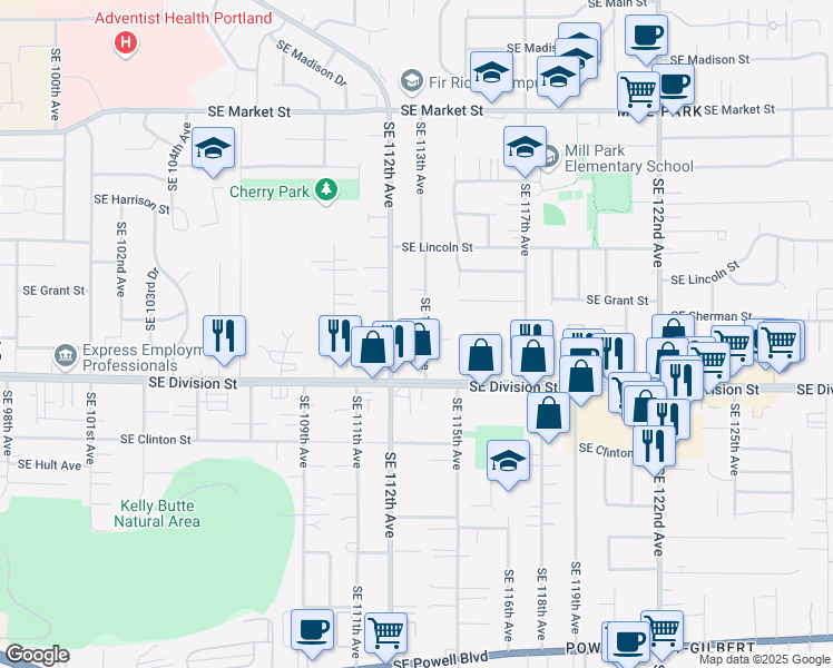 map of restaurants, bars, coffee shops, grocery stores, and more near 2327 Southeast 113th Avenue in Portland