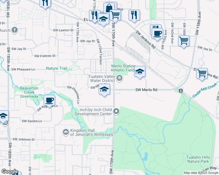 map of restaurants, bars, coffee shops, grocery stores, and more near 17037 Southwest Merlo Road in Beaverton