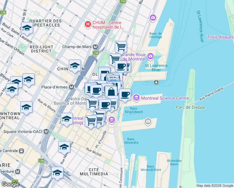 map of restaurants, bars, coffee shops, grocery stores, and more near 215 Boulevard Saint-Laurent in Montréal