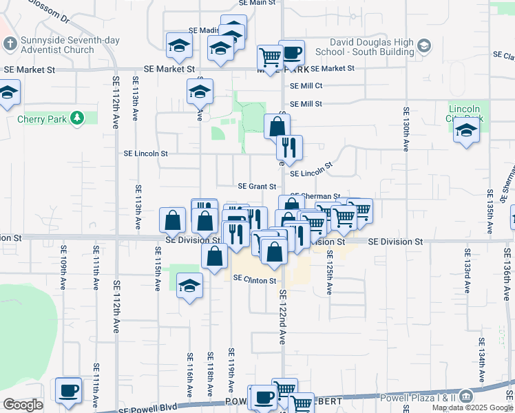 map of restaurants, bars, coffee shops, grocery stores, and more near 2325 Southeast 121st Avenue in Portland