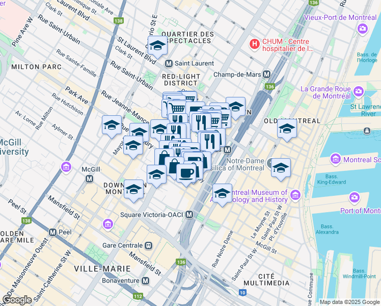 map of restaurants, bars, coffee shops, grocery stores, and more near 1100 Rue Jeanne-Mance in Montréal