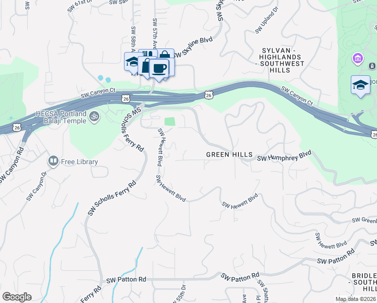 map of restaurants, bars, coffee shops, grocery stores, and more near 5050 Southwest Hilltop Lane in Portland