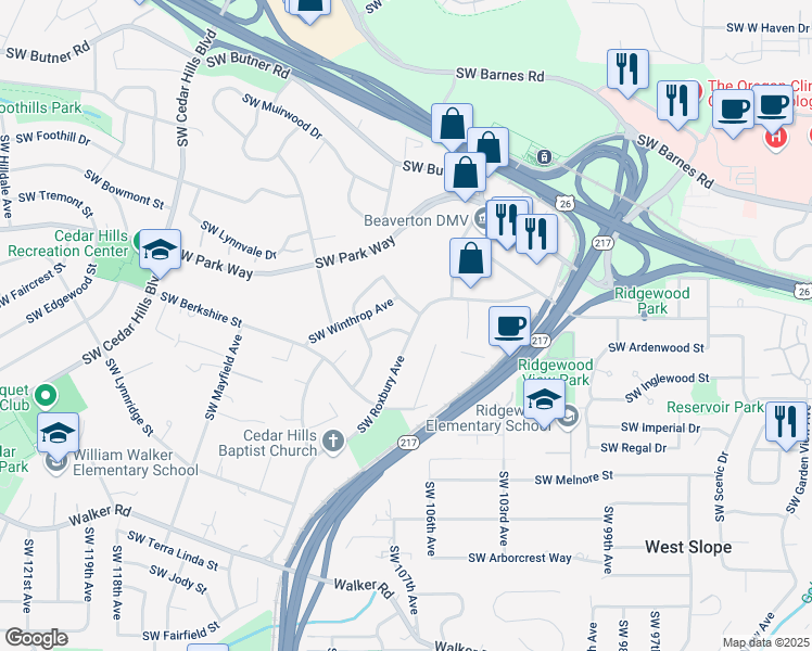 map of restaurants, bars, coffee shops, grocery stores, and more near 10685 Southwest Wakefield Street in Portland
