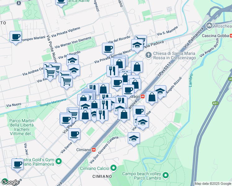 map of restaurants, bars, coffee shops, grocery stores, and more near 24 Via Privata Giovanni Verrazzano in Milano