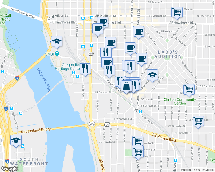map of restaurants, bars, coffee shops, grocery stores, and more near 2425 Southeast 8th Avenue in Portland