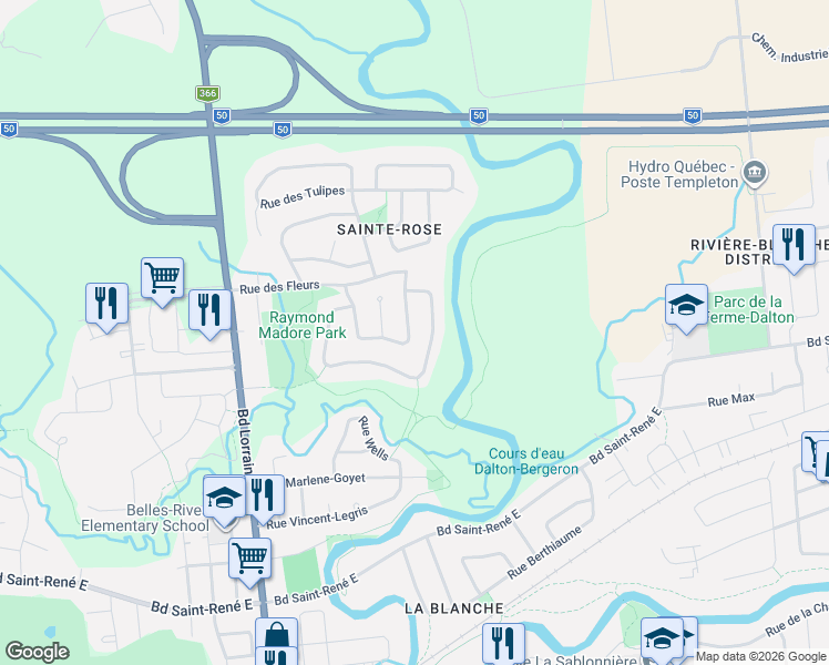 map of restaurants, bars, coffee shops, grocery stores, and more near 268 Rue des Fleurs in Gatineau